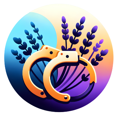 Logo - Two golden handcuffs with lavender in the background.